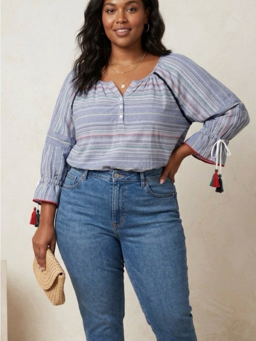 Caffe Marrakesh Blue Cotton Tassel Sleeve Boho Global Peasant Top Plus 2X